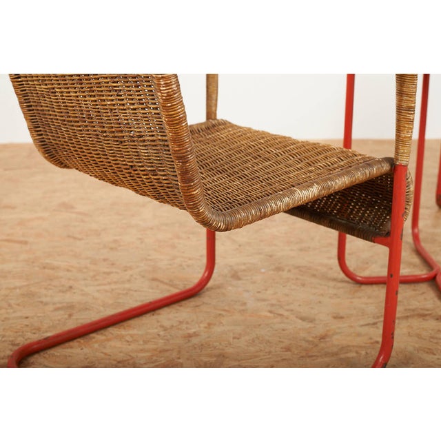 Side Table with Armchairs in Red Lacquered Tubular Steel, 1920s, Set of 3 For Sale - Image 6 of 18