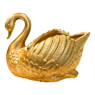Large Hand Gilded Ceramic Swan Centerpiece Bowl Cachepot in Distressed Gold Leaf Finish For Sale