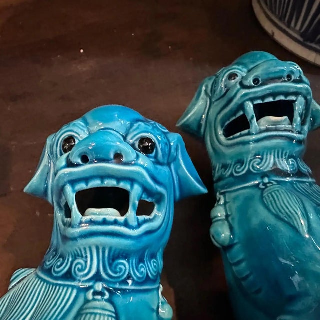 1960s A Pair of 1960s Turquoise Glazed Ceramic Chinese Pho Dogs For Sale - Image 5 of 12