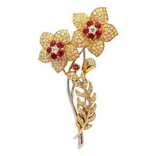 Diamond Ruby 18k Gold Platinum Bouquet Brooch For Sale