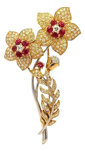 Diamond Ruby 18k Gold Platinum Bouquet Brooch