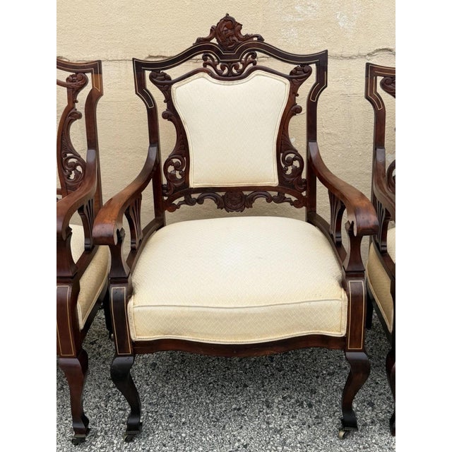 Antique Victorian Carved Mahogany Inlaid Parlor Set Sofa and 4 Chairs - 5 PCS For Sale In Philadelphia - Image 6 of 18