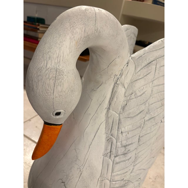 Monumental Vintage Hand Carved Wooden Swan Sculpture Palm Beach Chic Folk Art For Sale - Image 4 of 13