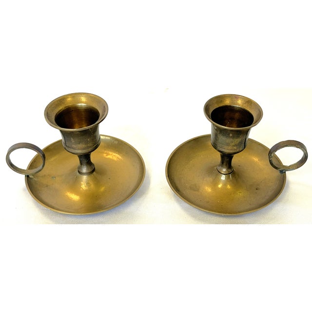 Vintage Solid Brass Chamberstick Candle Holder Made in India- A Pair For Sale In West Palm - Image 6 of 11