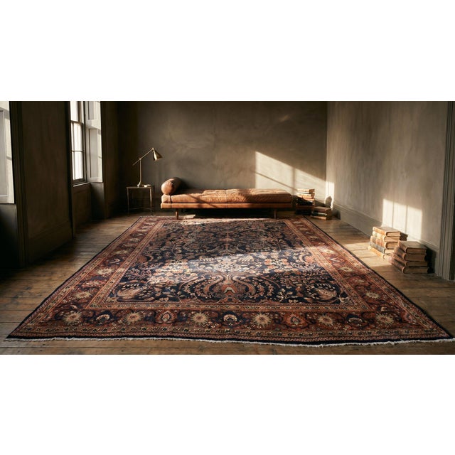 1930s Blue Navy Floral Antique Persian Sarouk Farahan Carpet 8'8" X 12'8" Woven Wool Rug For Sale - Image 10 of 12