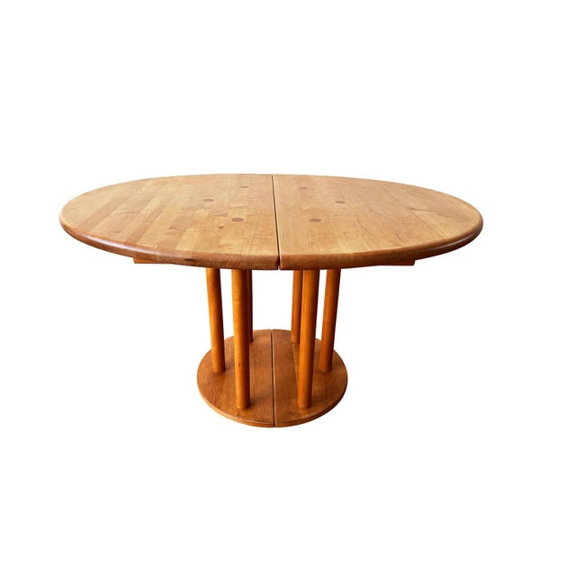 Wood 1980s Round Post Modern Brutalist Mid-Century Modern Beech Extendable Dining Table + Leaf For Sale - Image 7 of 7