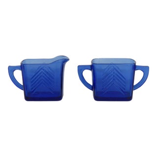 Mid 20th Century Hazel Atlas Cobalt Blue Glass Sugar Bowl and Creamer Set Chevron Pattern For Sale