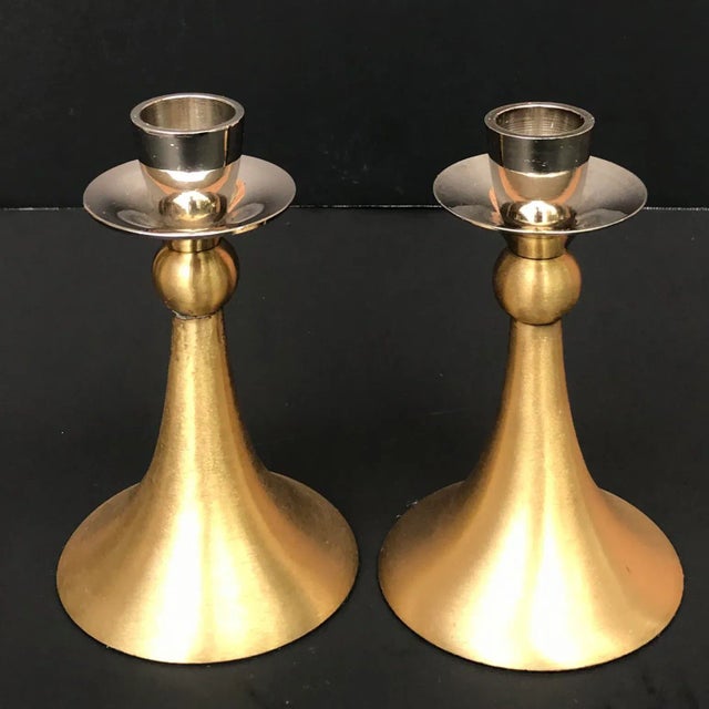 Late 20th Century Mid-Century Brushed Brass and Silver Candle Holders - a Pair For Sale - Image 5 of 8