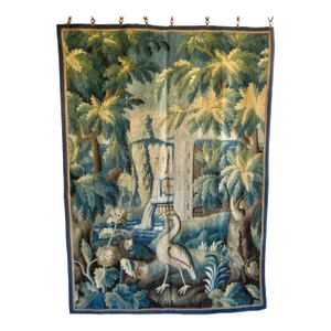 Early 18th Century French Aubusson Verdure Tapestry Showing a Bird and Fontaine