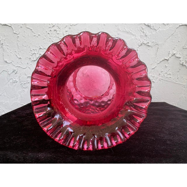 Vintage Fenton Cranberry Pinch Coin Dot Overlay Art Glass Vase With Ruffled Rim – 8.25” For Sale - Image 9 of 11