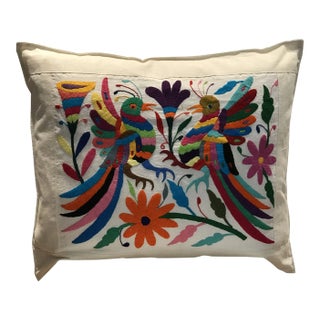 Multicolor Mexican Tenango Hand Embroidered Pillow Cover For Sale