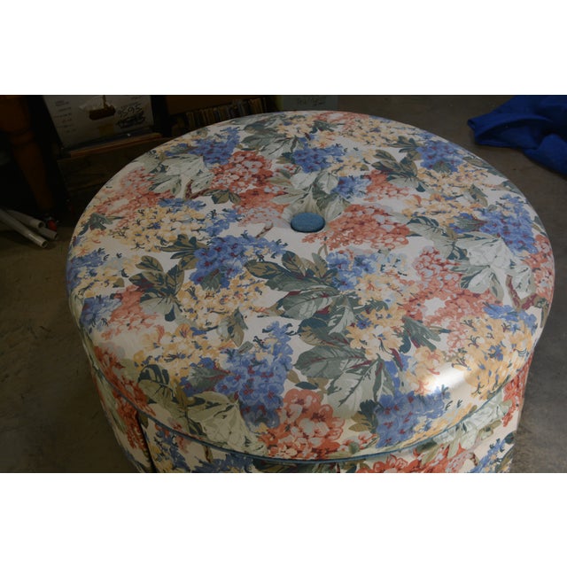Shabby Chic 1990s Round Colorful Blue Pink Yellow Floral Cocktail Ottoman For Sale - Image 3 of 10