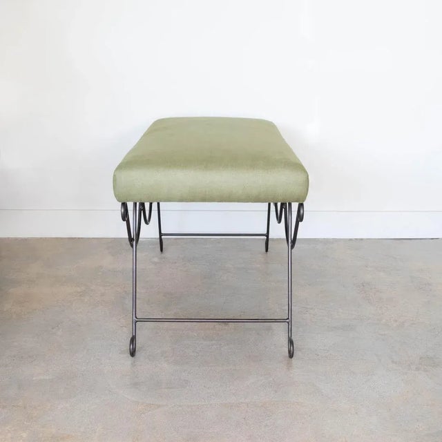 Iron Double Loop Bench, Green Linen For Sale - Image 4 of 8