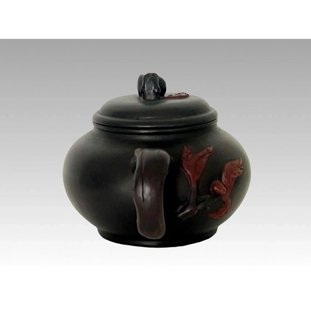 Mid 20th Century Mid 20th Century Lucky Peach Yixing Zisha Chinese Unglazed Red Leaf Tea Pot With Twig Handle on Carved Wood Stand For Sale - Image 5 of 10