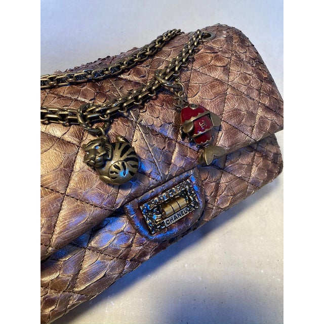 Mid 20th Century RARE Chanel Metallic Copper Python 2.55 Double Flap Classic For Sale In Philadelphia - Image 6 of 6