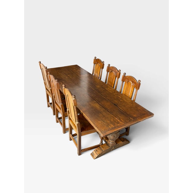 Antique Elizabethan Jacobean Style Oak Refectory Dining Table and Chairs, 1900, Set of 7 For Sale - Image 13 of 18