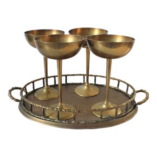 Vintage Oval Faux Bamboo Brass Serving Tray W/ Set of Four Brass Champagne Coupes For Sale