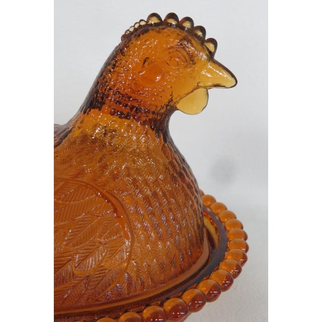 Mid 20th Century Indiana Glass Amber Hen on Nest Covered Candy Dish With Beaded Rim 4921b For Sale - Image 5 of 15