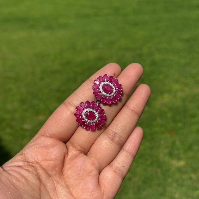Not Yet Made - Made To Order Luxury 10.21ct Ruby Bloom Diamond Halo Statement Stud Earrings in 14k Gold- A Pair For Sale - Image 5 of 16
