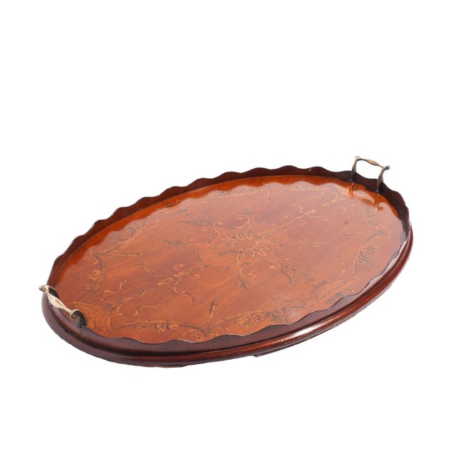 Wood English Mahogany Oval Inlaid Serving Tray With Scalloped Gallery, C. 1800's For Sale - Image 7 of 15