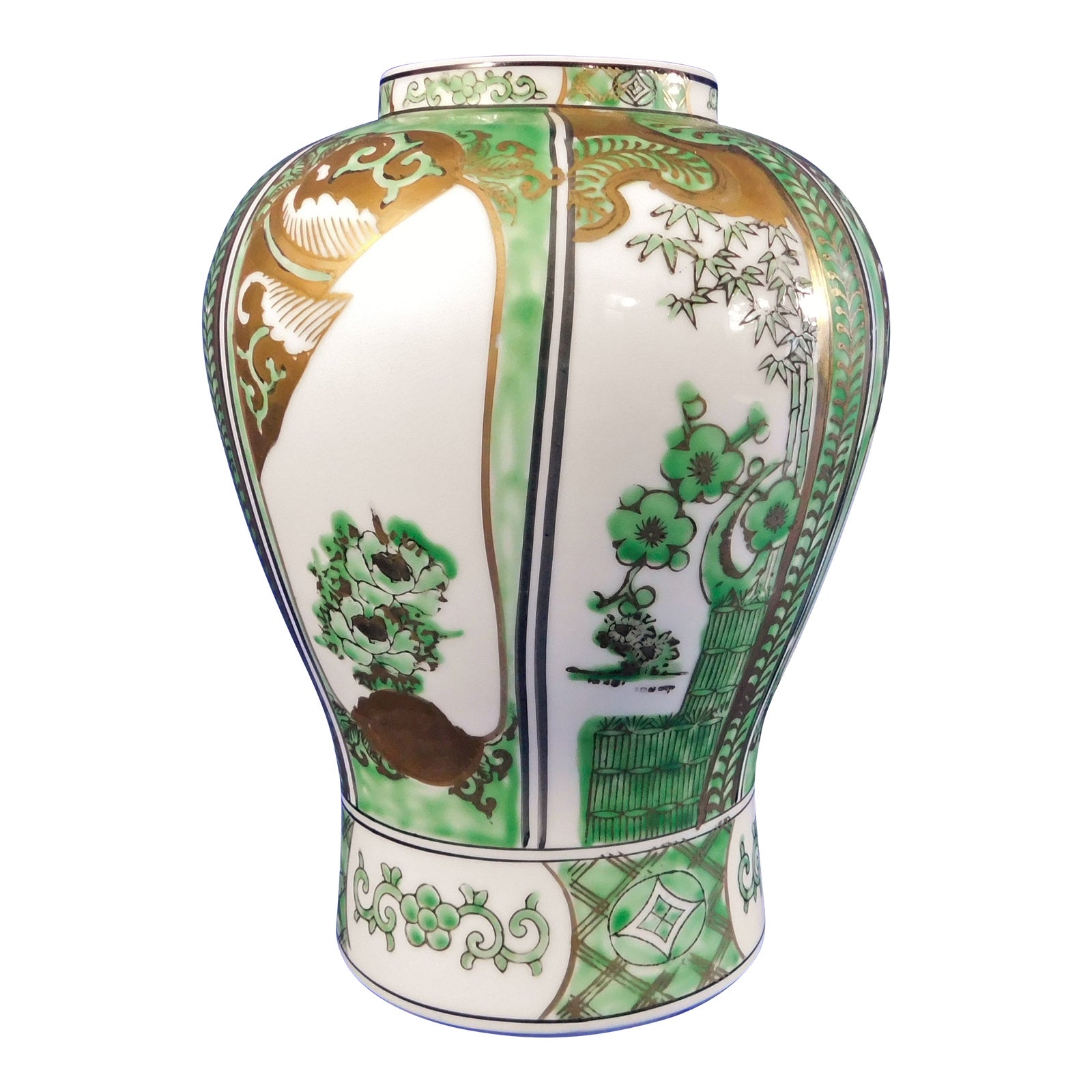 Vintage Mid 20th Century Japanese Gold Imari Green Hand Painted Flower