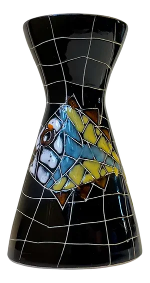 Italian Modern Diablo Vase in Black with Naive Fish, 1960s
