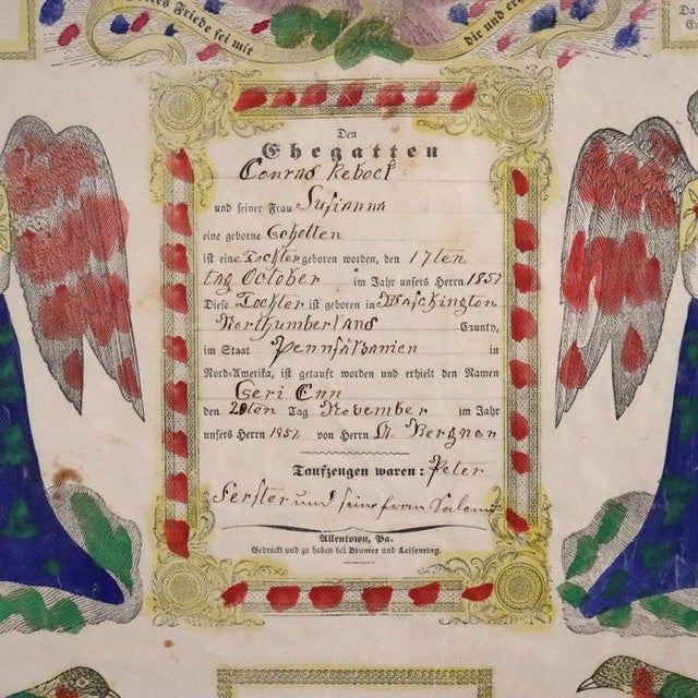 Paper Pa German Fraktur Taufschein Watercolor & Ink Birth/Baptismal Certificate C1857 For Sale - Image 7 of 12