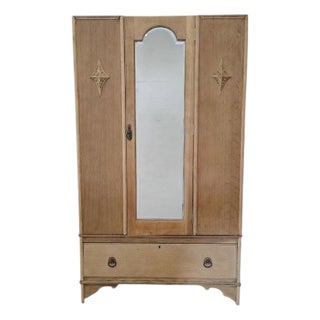1920's Art Deco Raw Wood Wardrobe With Scalloped Apron, Carved Detail and Original Brass Hardware For Sale