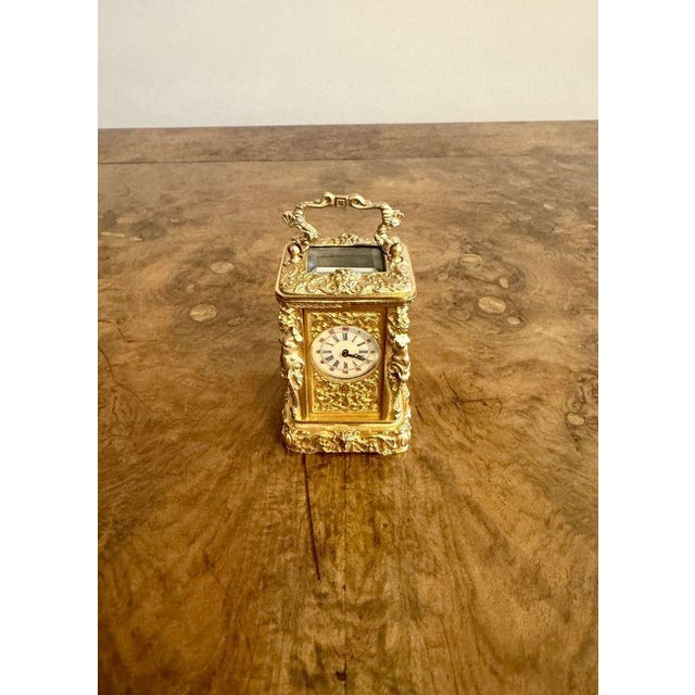 Metal Antique Victorian Ornate Brass Miniature Carriage Clock, 1890 For Sale - Image 7 of 7