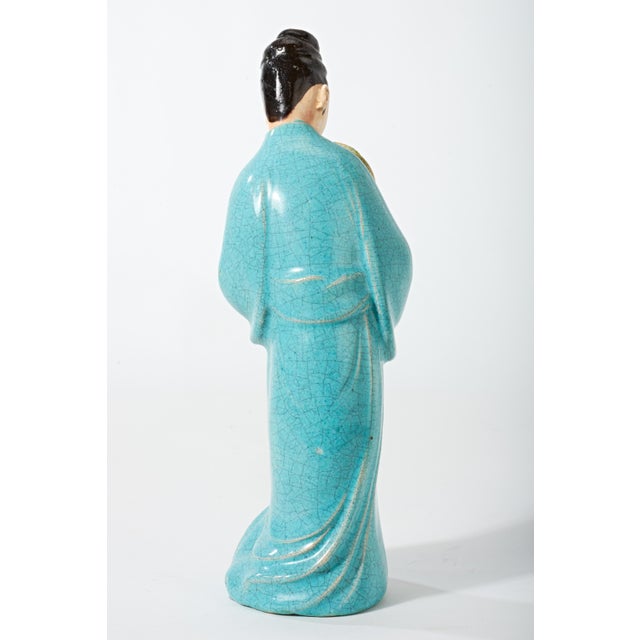 Sky Blue Early 20th Century Chinese Figurine of Lady in Blue With Fan For Sale - Image 8 of 17