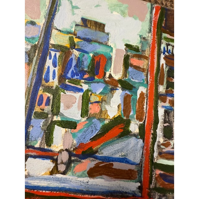 a vibrant, chunky heavily textured, expressionist-style original painting depicting a colorful urban cityscape viewed...