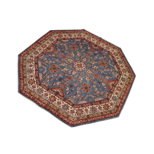 Bohemian Kazak Blue/Ivory Wool Octagon Rug- 7'8'' X 7'9'' For Sale - Image 9 of 10