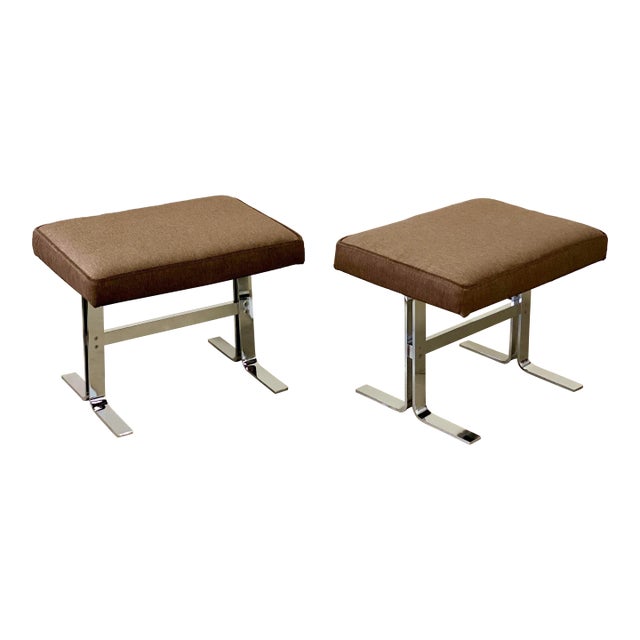 1970s Design Institute of America Chrome and Brown Mohair Rectangular Ottomans – a Pair For Sale