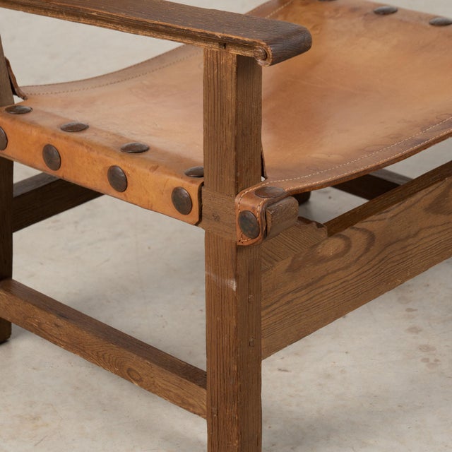 Pair of Mid-Century Spanish Brutalist Cognac Leather Arm Chairs For Sale - Image 9 of 17