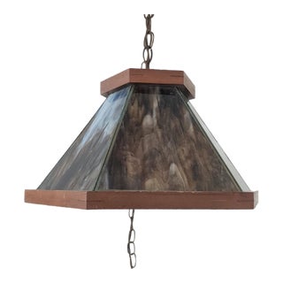 Vintage Mid-Century Modern Arts & Crafts Style Slag & Walnut Hanging Lamp For Sale