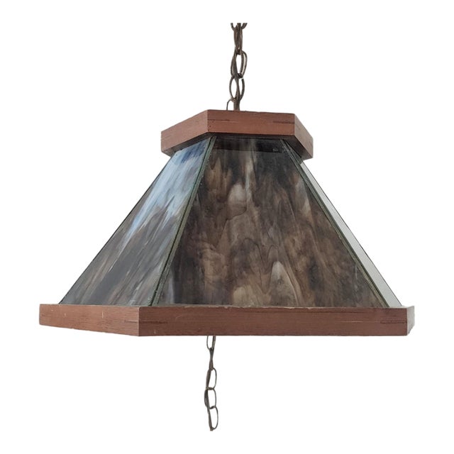 Vintage Mid-Century Modern Arts & Crafts Style Slag & Walnut Hanging Lamp For Sale