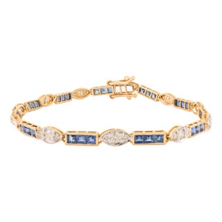 Classic Greek Style 14k Gold 3.51Ct Vivid Sapphire & 1.24Ct Diamond Tennis Bracelet For Sale