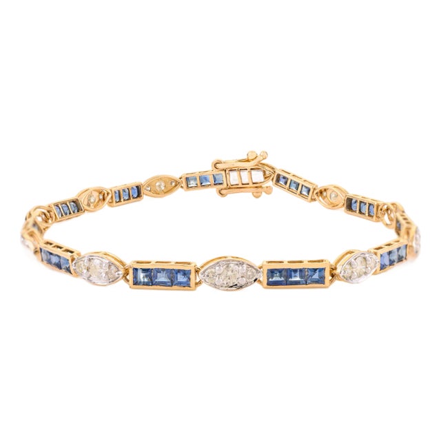 Classic Greek Style 14k Gold 3.51Ct Vivid Sapphire & 1.24Ct Diamond Tennis Bracelet For Sale