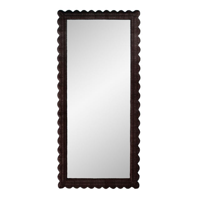 Coffee Flora 32 in. W x 69.5 in. H Rectangular Scalloped Rattan Floor Mirror, Chocolate For Sale - Image 8 of 8
