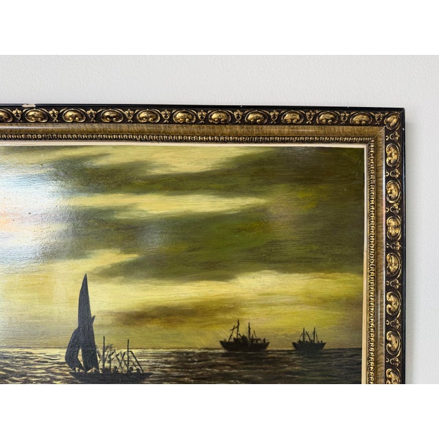 1980s Vintage S. A. Hasan Ocean Boats Seascape Oil on Masonite Painting, Framed For Sale - Image 9 of 11