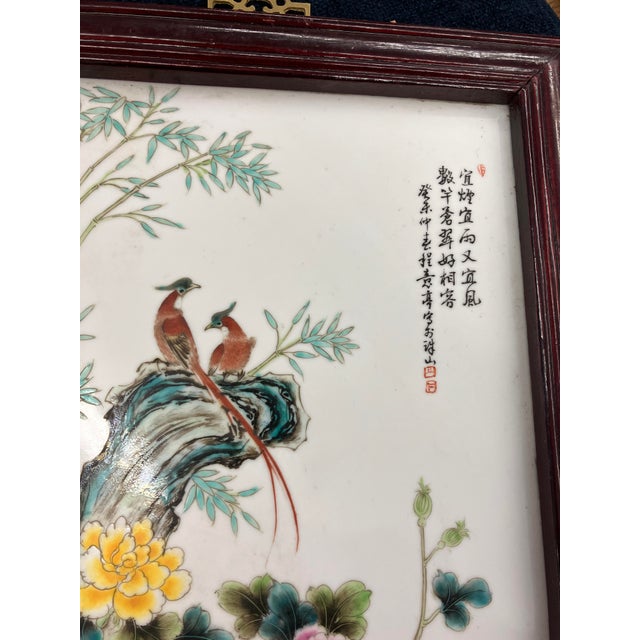 Chinese Mid 20th Century Chinese Ceramic Porcelain Wall Plaque, Orange Birds on Rock For Sale - Image 3 of 10