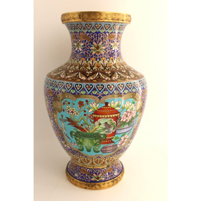 Metal Large 17.75" VTG Chinese Cloisonne Vase, Jingfa Beijing Enamel Factory, Stunning For Sale - Image 7 of 13