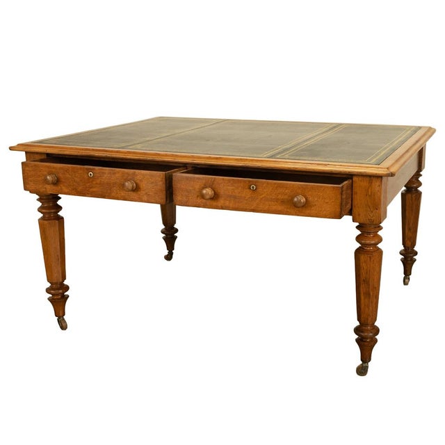 Wood Antique English Oak & Leather Top Double-Sided Library Table Partner's Desk 1860 For Sale - Image 7 of 13