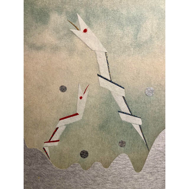Japanese Vintage Japanese Paper Collage Snakes Art Blue Velvet Matt Framed 17" X 16" For Sale - Image 3 of 10