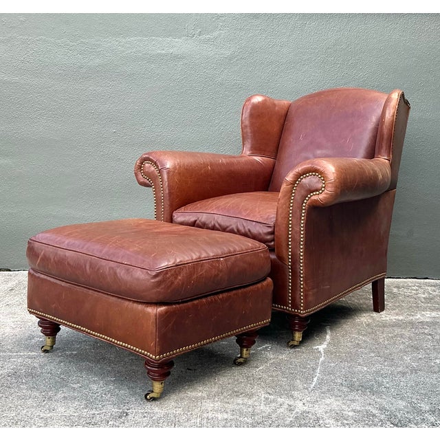 Vintage Baker Milling Road Nailhead Leather Club Chair and Ottoman For Sale - Image 10 of 12