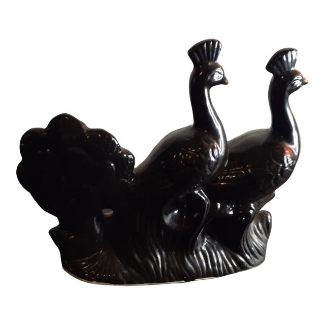 1980s Black Ceramic Peacock Figurine For Sale