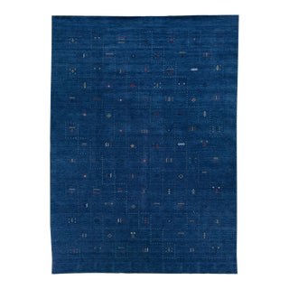 2020s Modern Navy Blue Handmade Gabbeh Style Wool Rug With Geometric Pattern For Sale