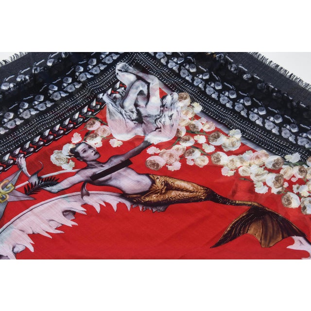 Art Deco Vintage Givenchy Light Wool Nautical Large Square Scarf, Shawl or Wrap Red, Black, White For Sale - Image 3 of 9