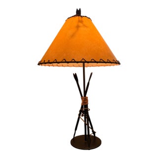 Vintage Cast Iron Arrow Lamp With Leather/Paper Shade Rare For Sale