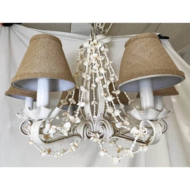 Antique White Antique Coastal Cottage 6-Light Iron Chandelier With Seashell Adornments For Sale - Image 8 of 12